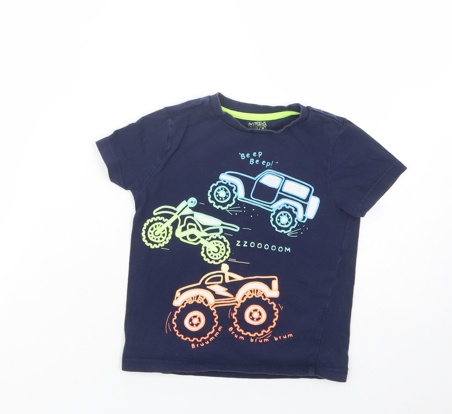 F&F Boys Blue  Cotton Pullover T-Shirt Size 3-4 Years Crew Neck Pullover - Vehicles