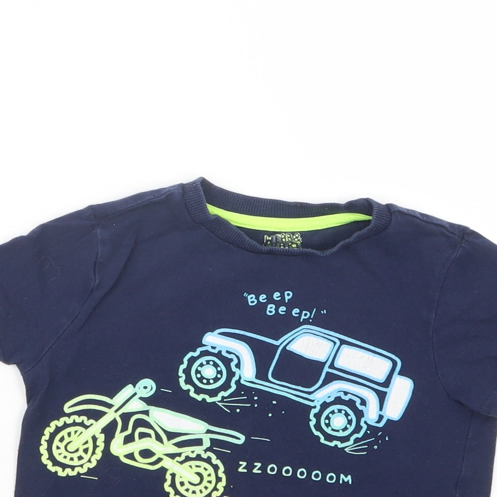 F&F Boys Blue  Cotton Pullover T-Shirt Size 3-4 Years Crew Neck Pullover - Vehicles