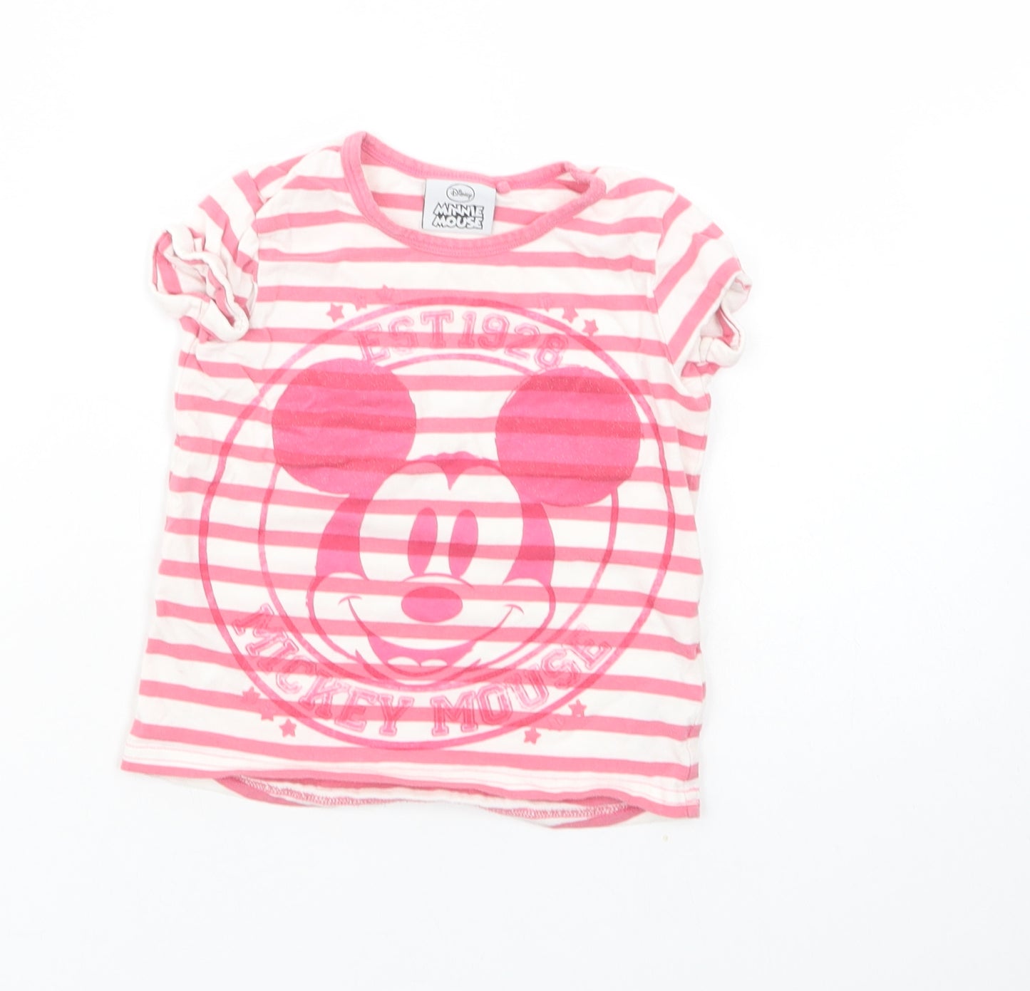 NEXT Baby Pink Striped Cotton Basic T-Shirt Size 18-24 Months Crew Neck Pullover - Minnie Mouse