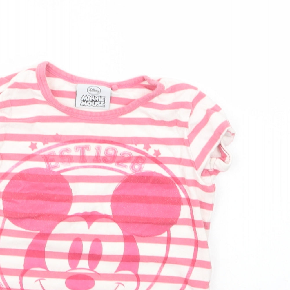 NEXT Baby Pink Striped Cotton Basic T-Shirt Size 18-24 Months Crew Neck Pullover - Minnie Mouse