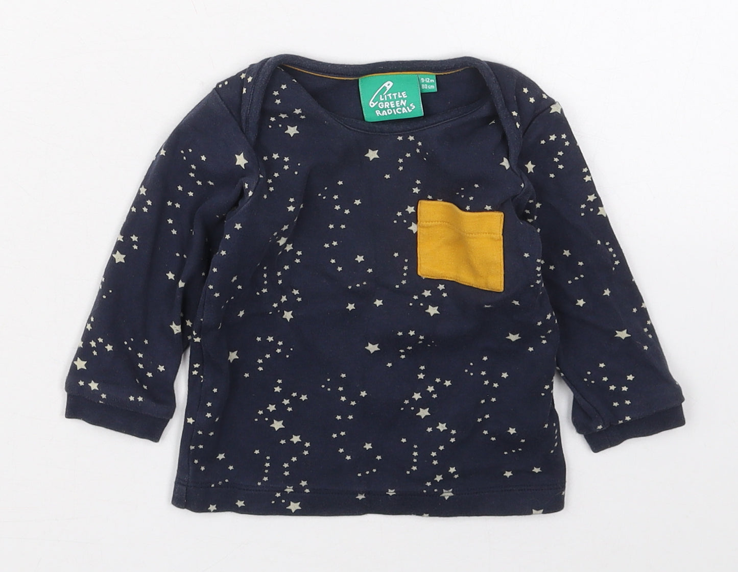 Little Green Radicals Boys Blue  Cotton Basic T-Shirt Size 9-12 Months Crew Neck Pullover - Stars