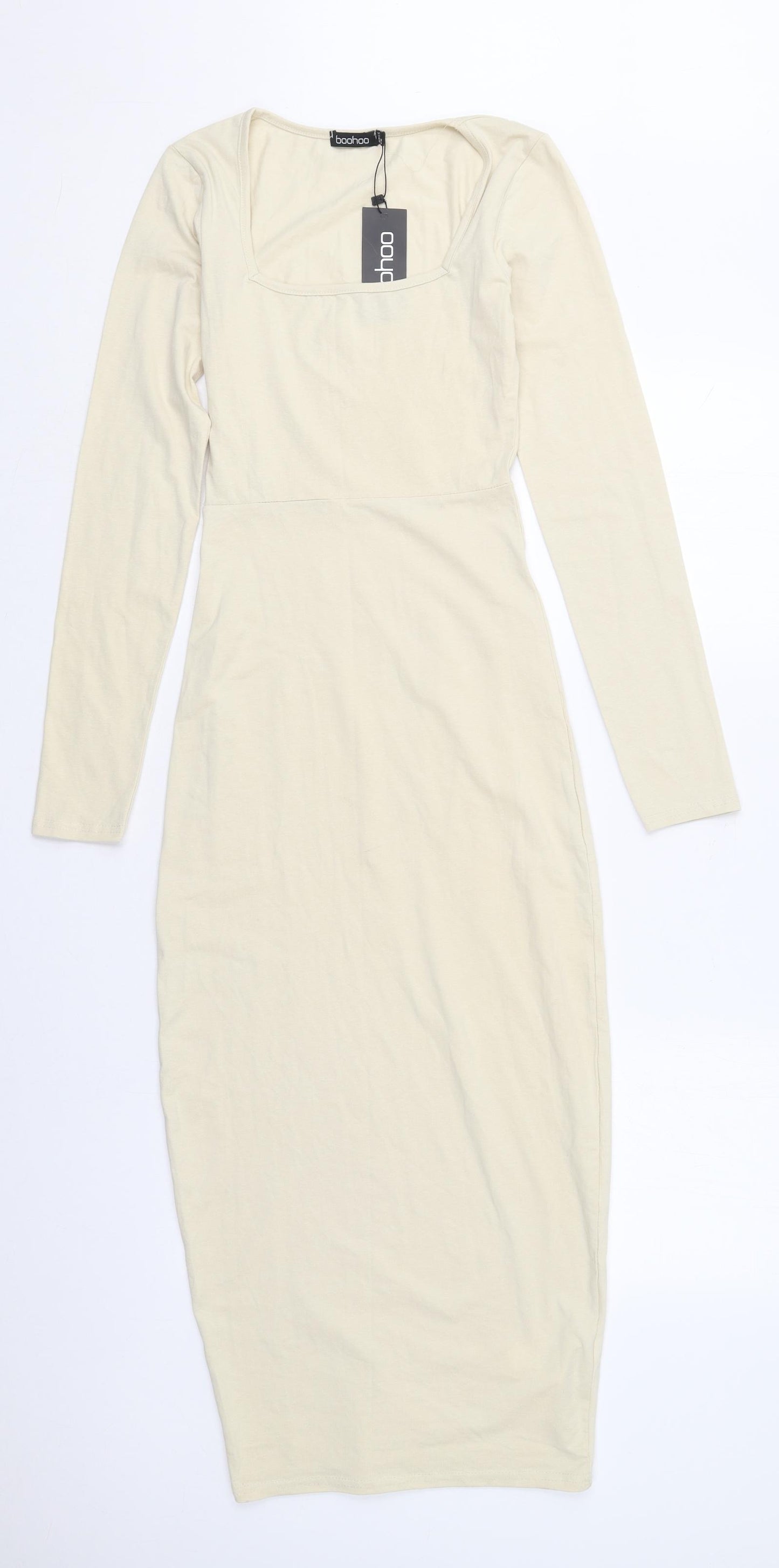 Boohoo Womens Beige  Cotton Pencil Dress  Size 8  Square Neck Pullover