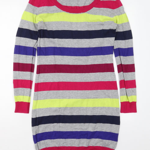 Sweater Shop Womens Grey Striped Cotton Jumper Dress  Size M  Round Neck Pullover - Pink Blue Yellow