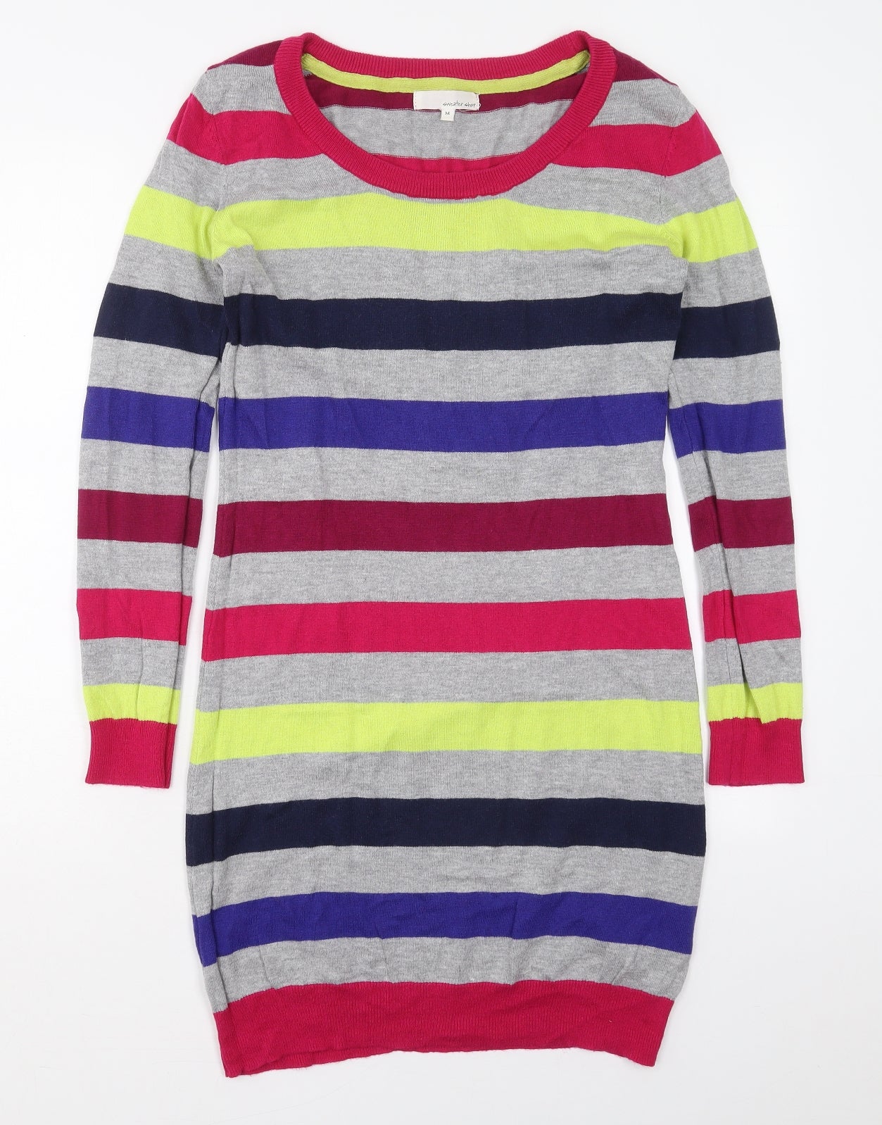 Sweater Shop Womens Grey Striped Cotton Jumper Dress  Size M  Round Neck Pullover - Pink Blue Yellow
