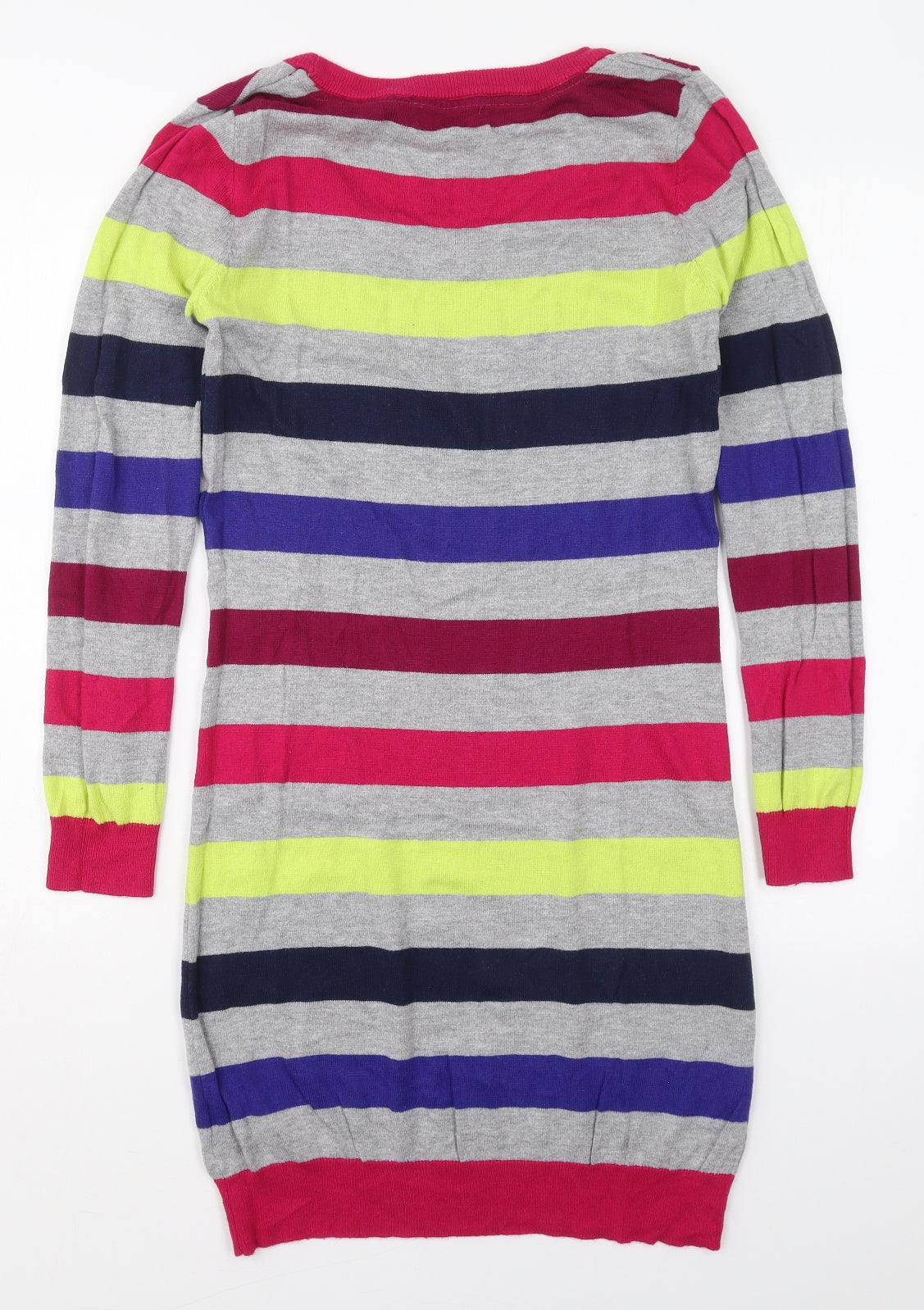 Sweater Shop Womens Grey Striped Cotton Jumper Dress  Size M  Round Neck Pullover - Pink Blue Yellow
