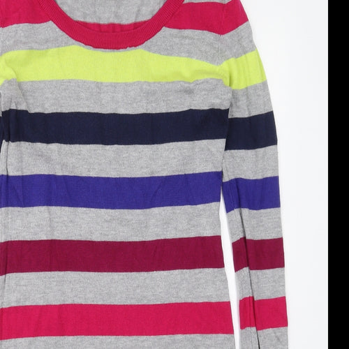 Sweater Shop Womens Grey Striped Cotton Jumper Dress  Size M  Round Neck Pullover - Pink Blue Yellow