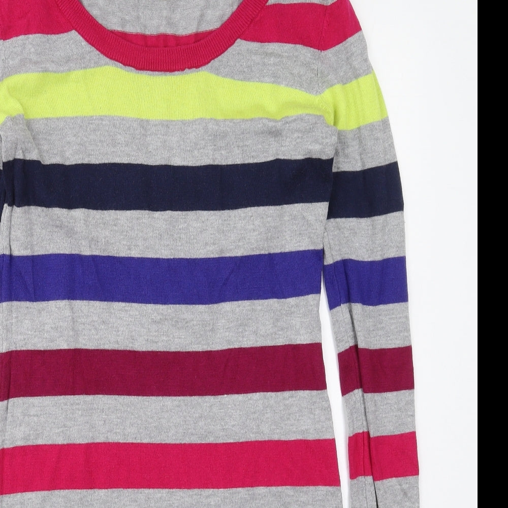 Sweater Shop Womens Grey Striped Cotton Jumper Dress  Size M  Round Neck Pullover - Pink Blue Yellow