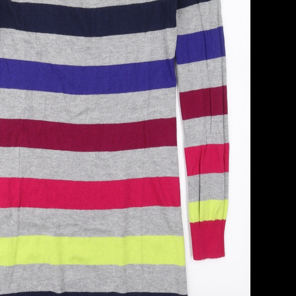 Sweater Shop Womens Grey Striped Cotton Jumper Dress  Size M  Round Neck Pullover - Pink Blue Yellow