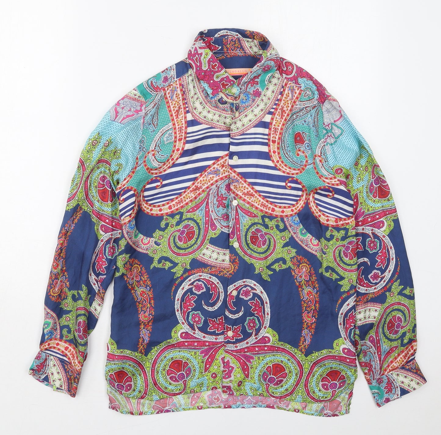 Vilagallo Womens Blue Paisley Polyester Basic Button-Up Size 12 Collared