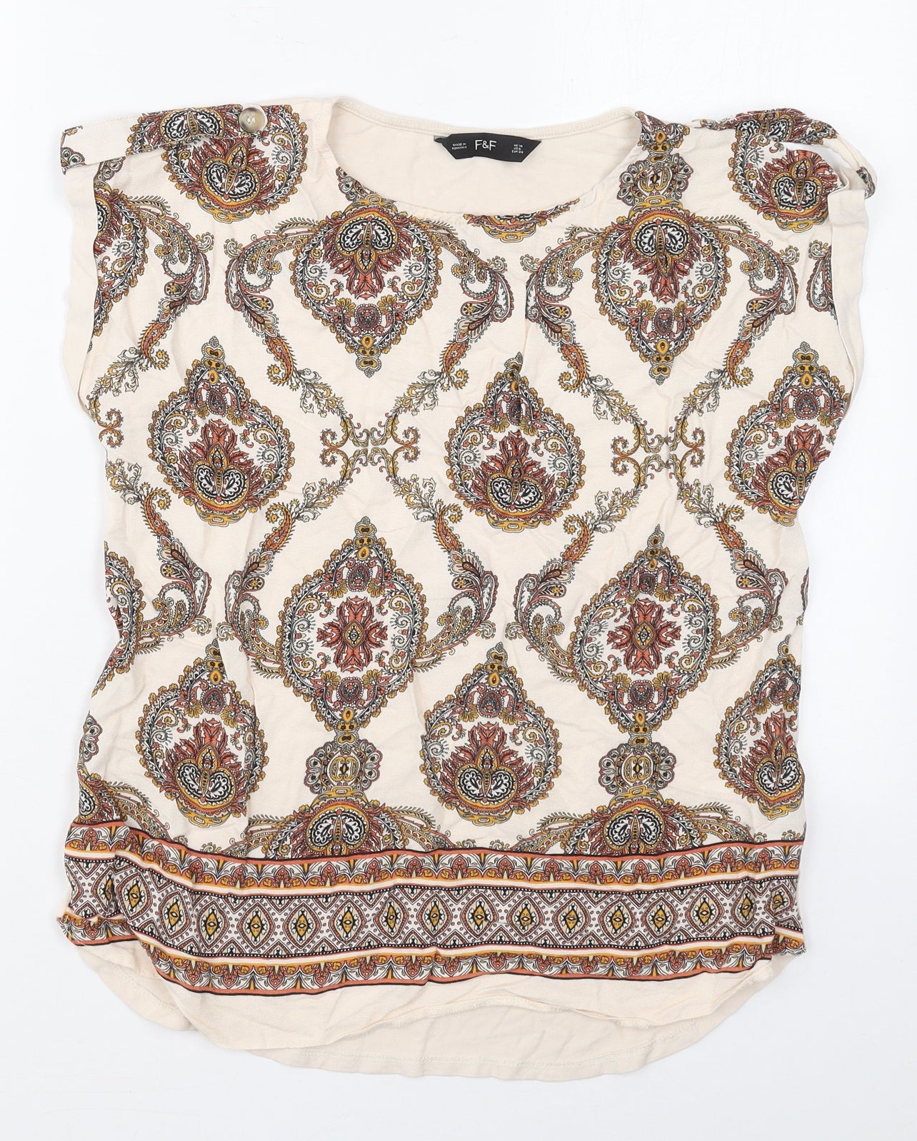 F&F Womens Beige Geometric Viscose Basic T-Shirt Size 10 Crew Neck