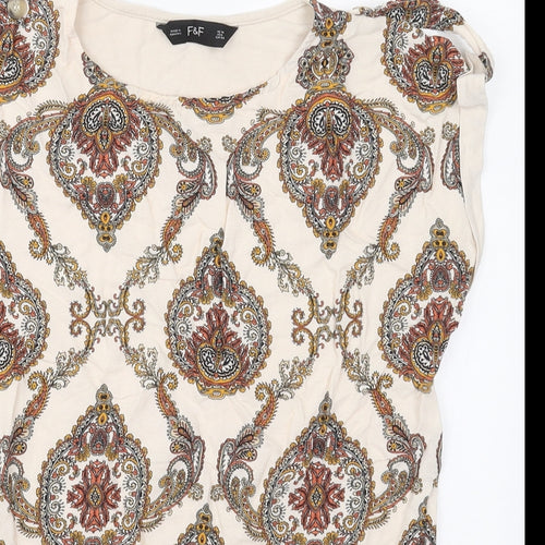 F&F Womens Beige Geometric Viscose Basic T-Shirt Size 10 Crew Neck