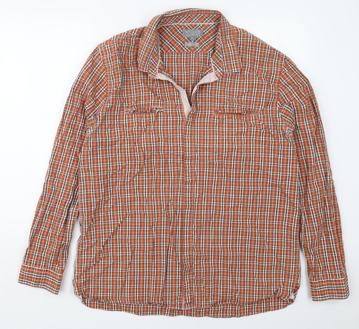 Jeff Banks Mens Orange Check Cotton  Button-Up Size 2XL Collared Button