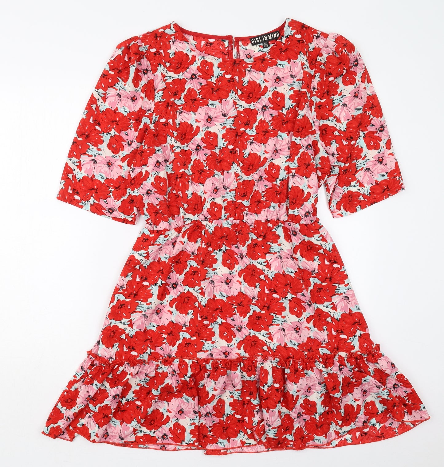 Girl In Mind Womens Red Floral Polyester Skater Dress  Size 16  Round Neck Button