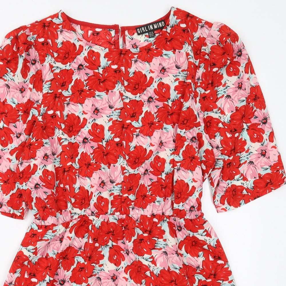 Girl In Mind Womens Red Floral Polyester Skater Dress  Size 16  Round Neck Button