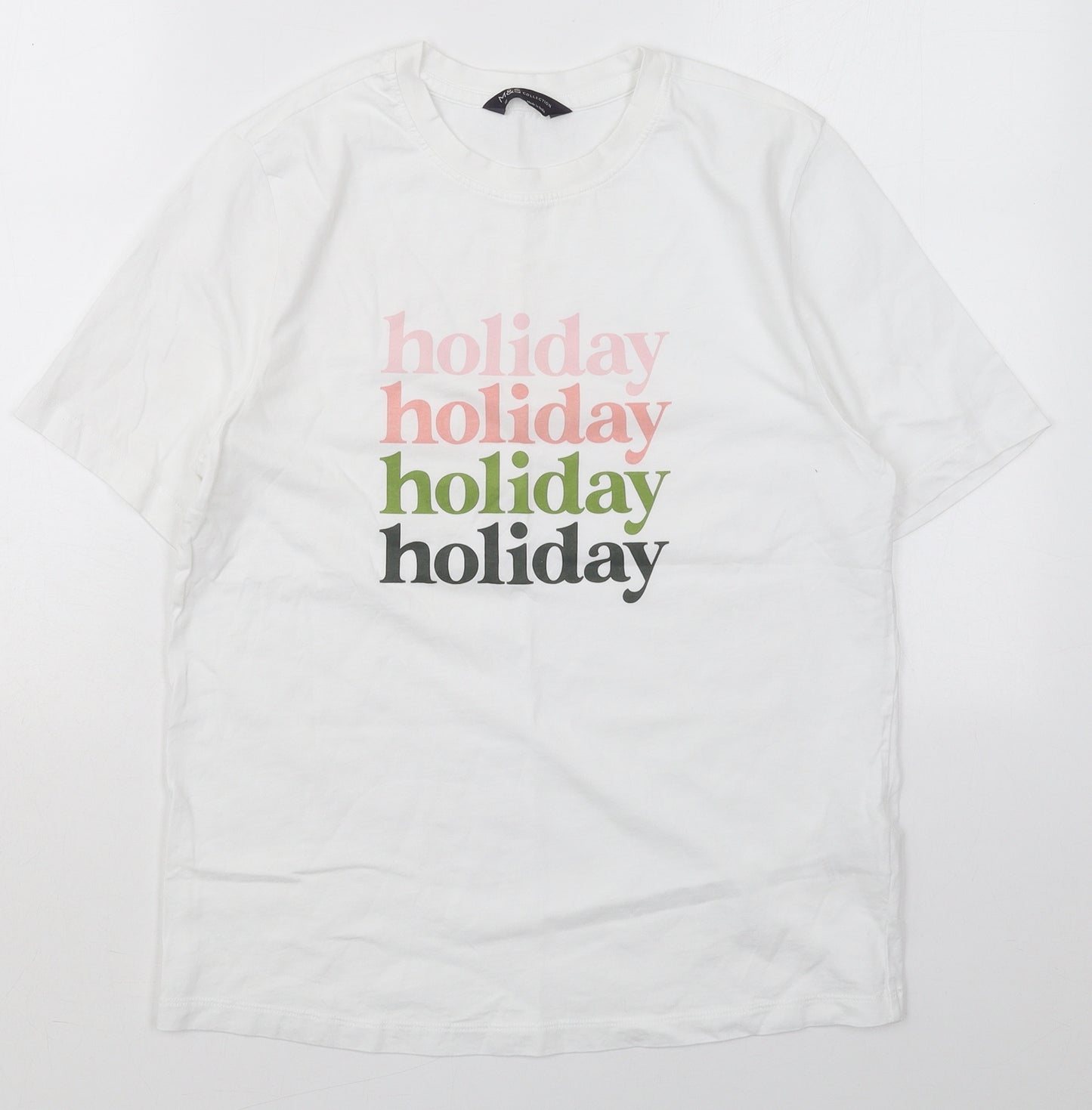 Marks and Spencer Womens White  Cotton Basic T-Shirt Size 10 Crew Neck - Holiday