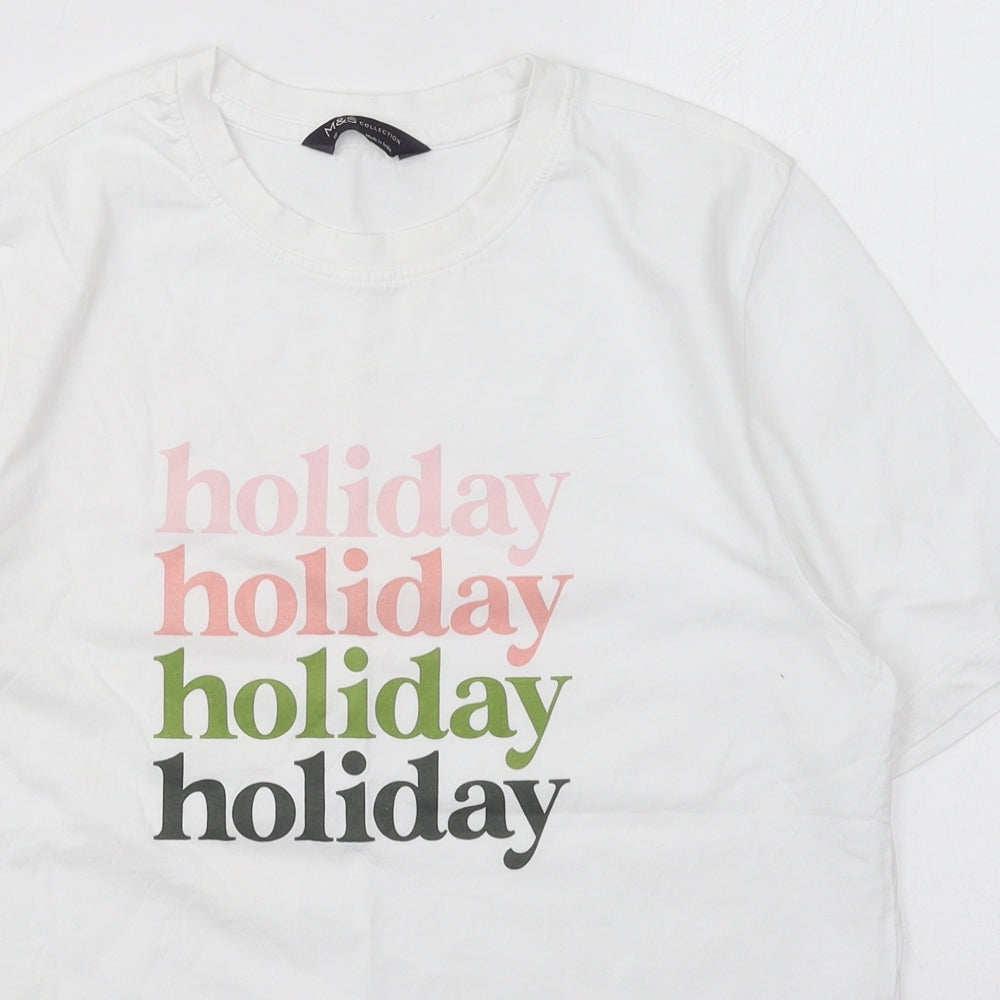 Marks and Spencer Womens White  Cotton Basic T-Shirt Size 10 Crew Neck - Holiday