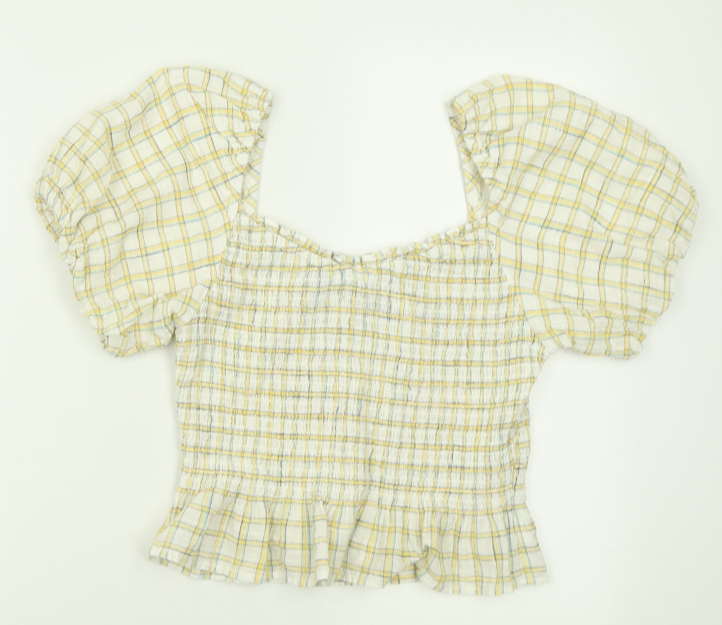 New Look Womens Yellow Plaid Cotton Basic T-Shirt Size 12 Square Neck