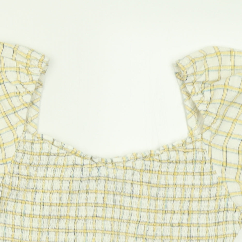 New Look Womens Yellow Plaid Cotton Basic T-Shirt Size 12 Square Neck