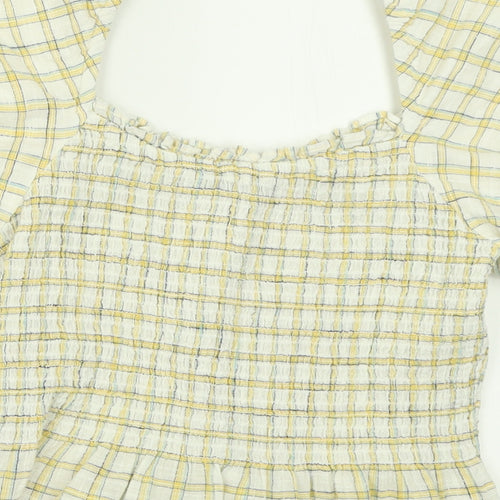 New Look Womens Yellow Plaid Cotton Basic T-Shirt Size 12 Square Neck