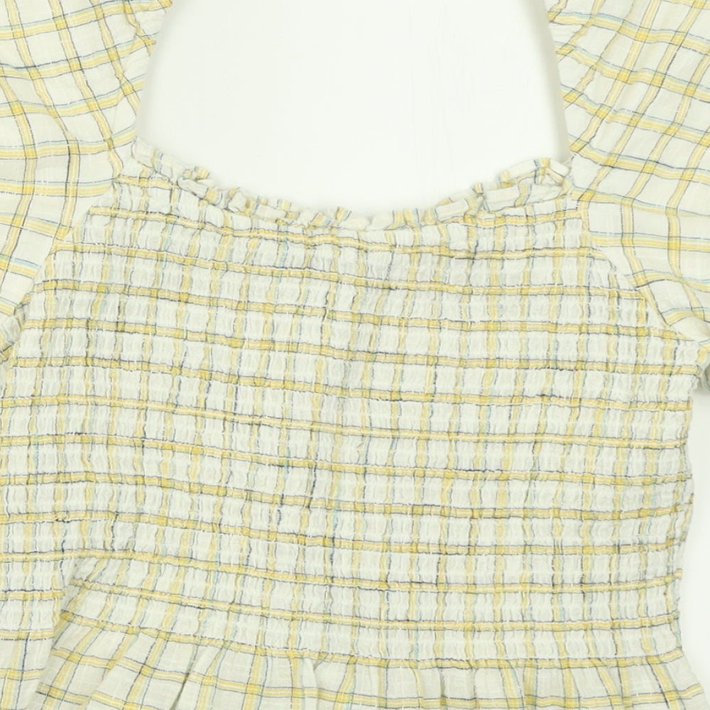 New Look Womens Yellow Plaid Cotton Basic T-Shirt Size 12 Square Neck