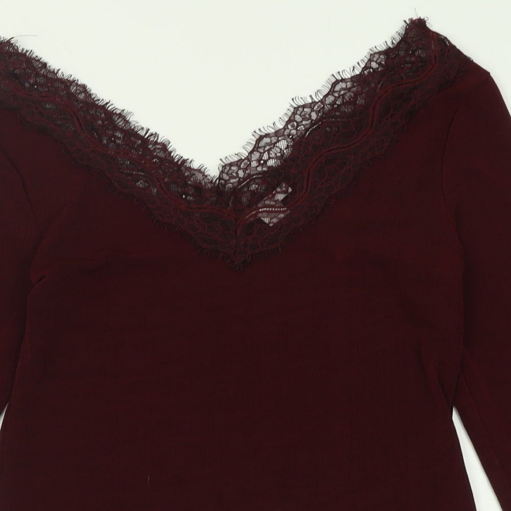 H&M Womens Red  Polyester Basic T-Shirt Size M V-Neck