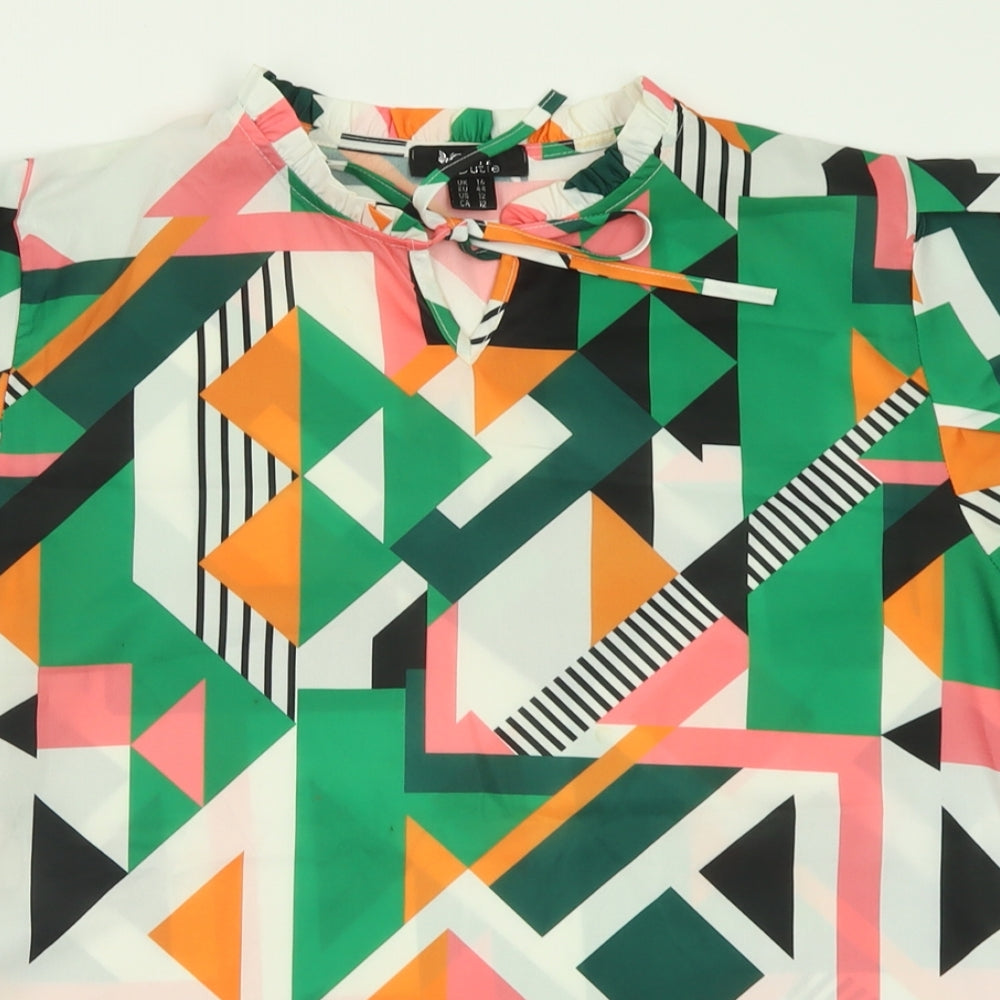 Cutie Womens Multicoloured Geometric Polyester Basic T-Shirt Size 16 Crew Neck