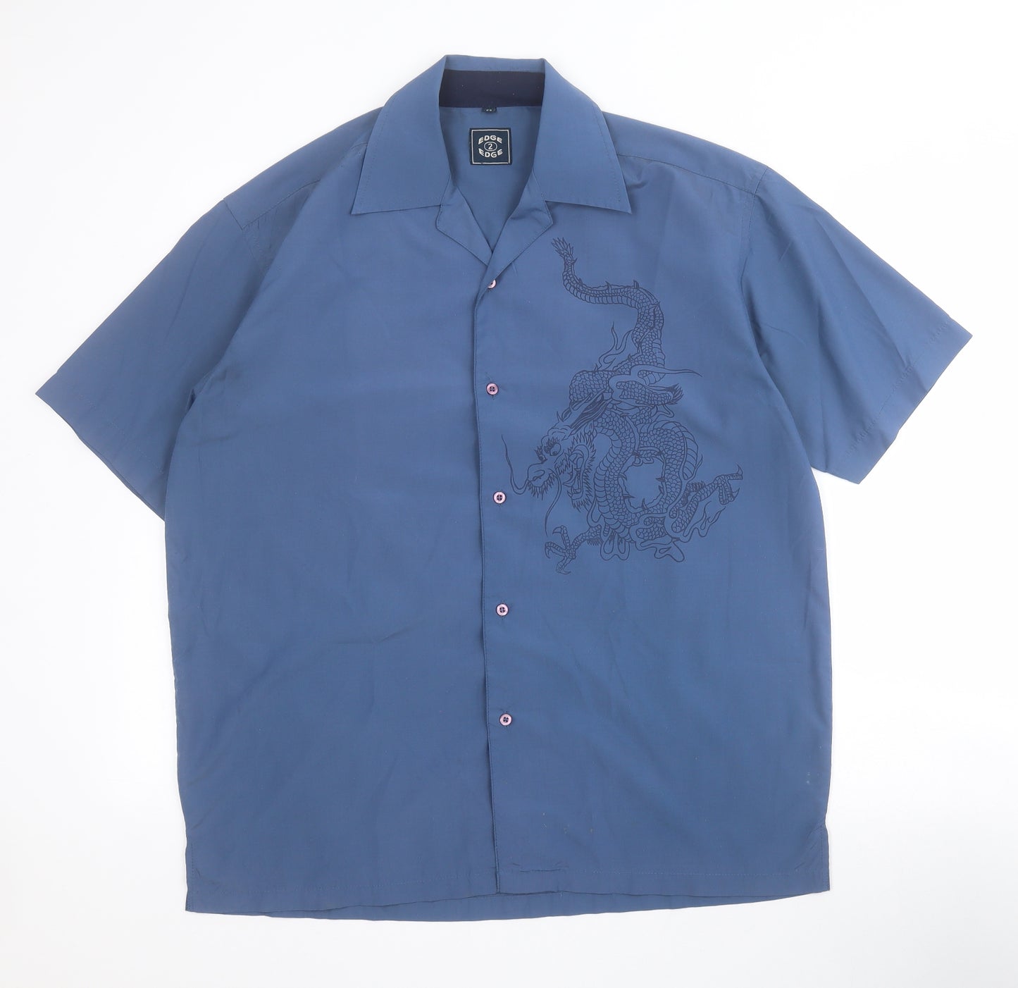 Edge 2 Edge Mens Blue  Polyester  Button-Up Size M Collared Button - Dragon