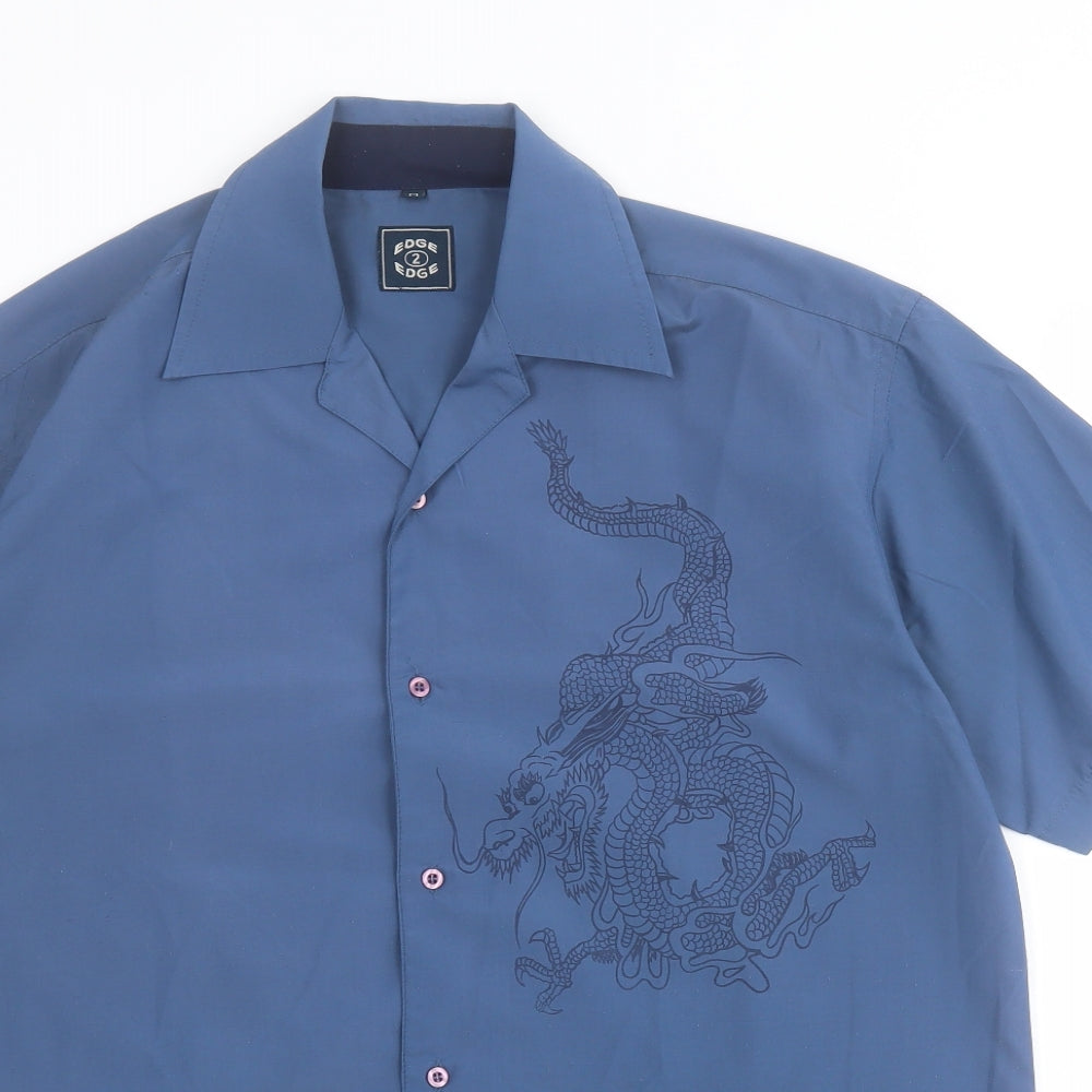 Edge 2 Edge Mens Blue  Polyester  Button-Up Size M Collared Button - Dragon