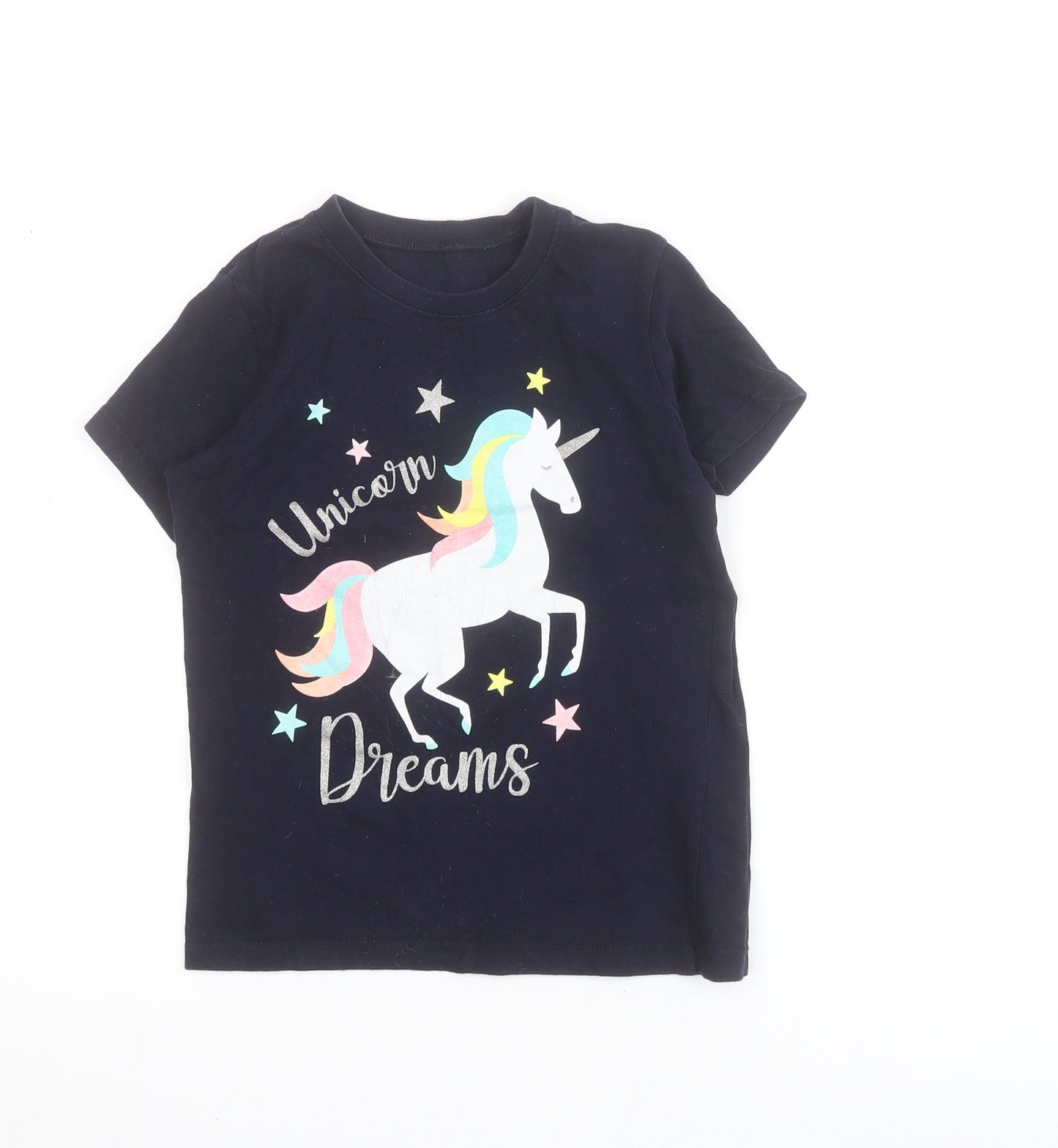 B&M Girls Blue  100% Cotton Pullover T-Shirt Size 9-10 Years Crew Neck Pullover - Unicorn
