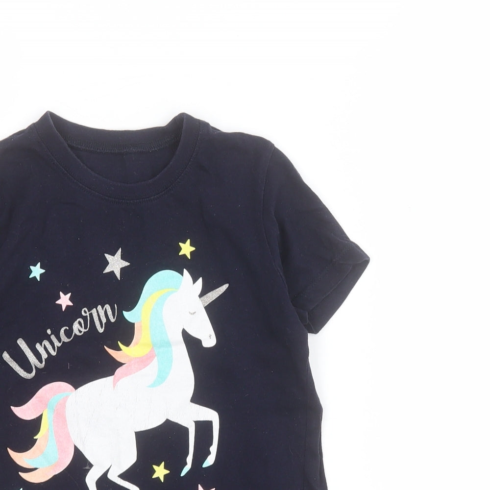 B&M Girls Blue  100% Cotton Pullover T-Shirt Size 9-10 Years Crew Neck Pullover - Unicorn