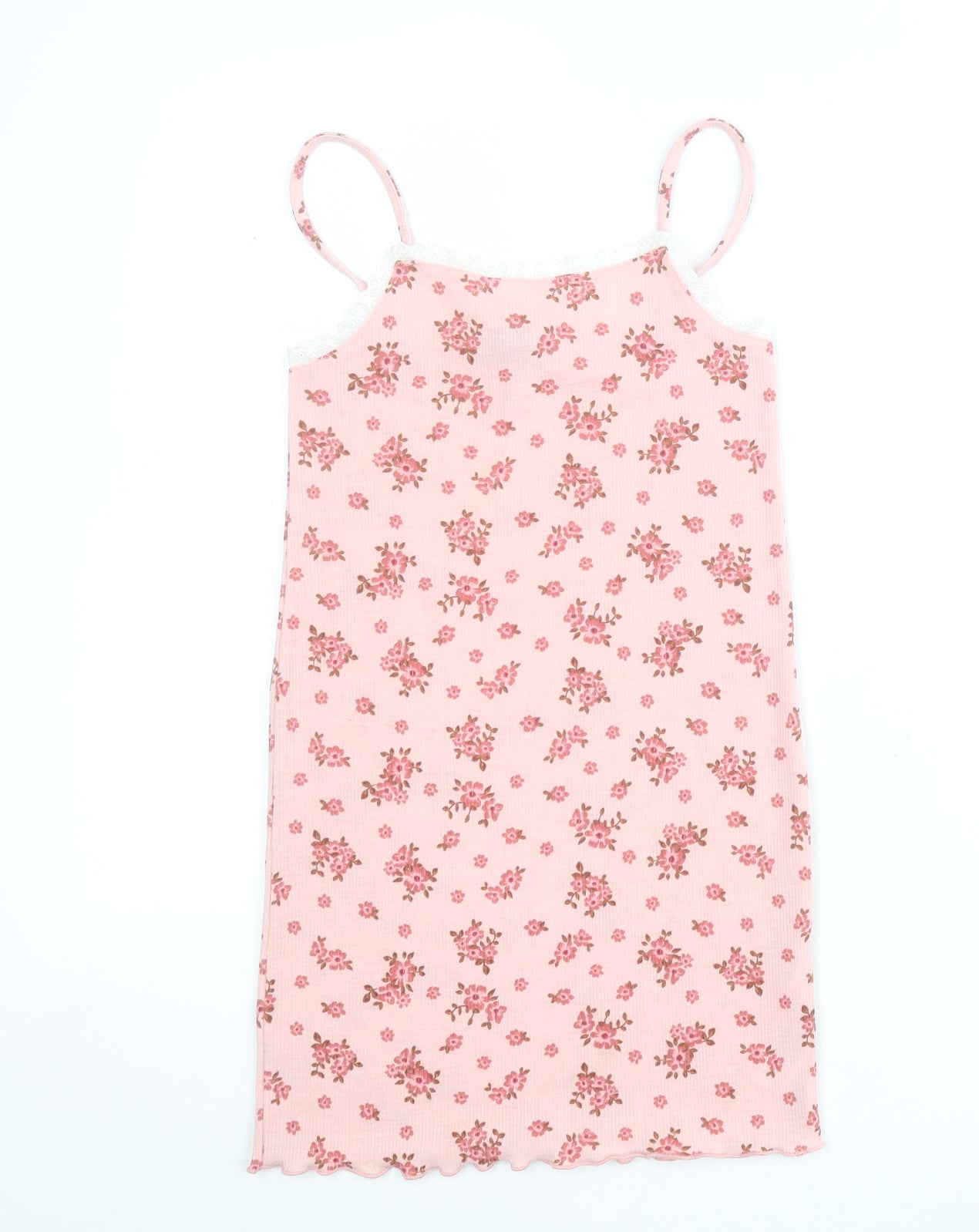Primark Girls Pink Floral Polyester Tank Dress  Size 7-8 Years  Square Neck Pullover - Ribbed