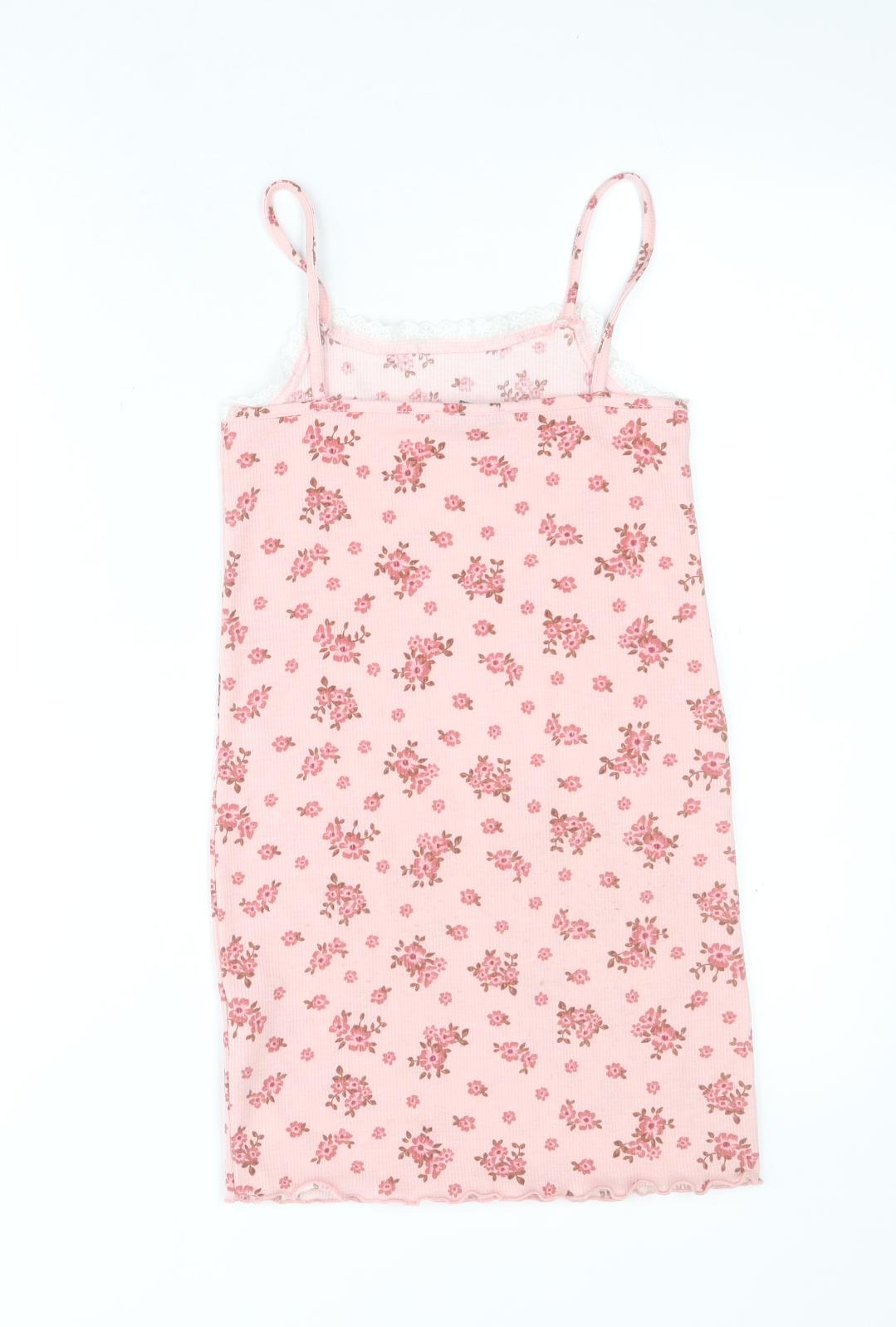 Primark Girls Pink Floral Polyester Tank Dress  Size 7-8 Years  Square Neck Pullover - Ribbed