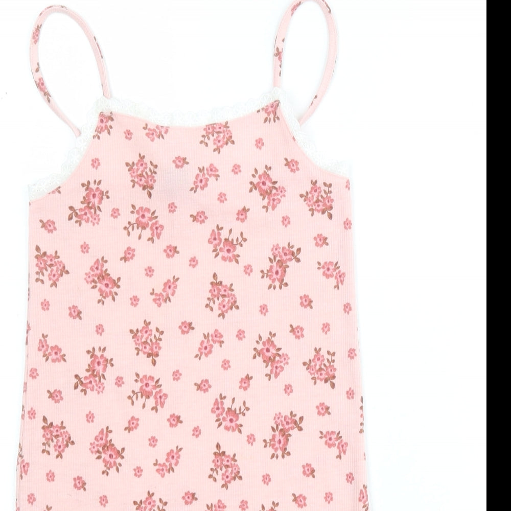 Primark Girls Pink Floral Polyester Tank Dress  Size 7-8 Years  Square Neck Pullover - Ribbed