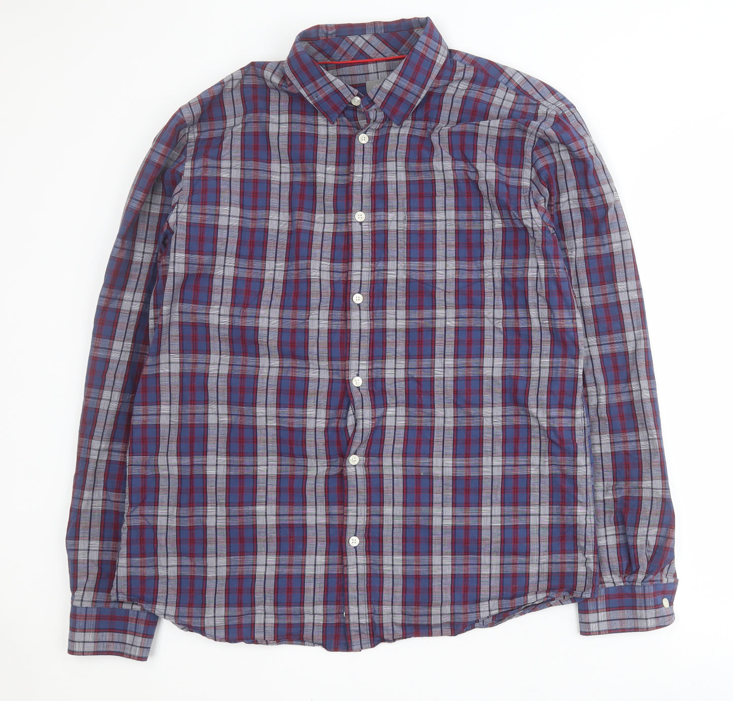 Jaeger Mens Blue Plaid Cotton  Button-Up Size L Collared Button