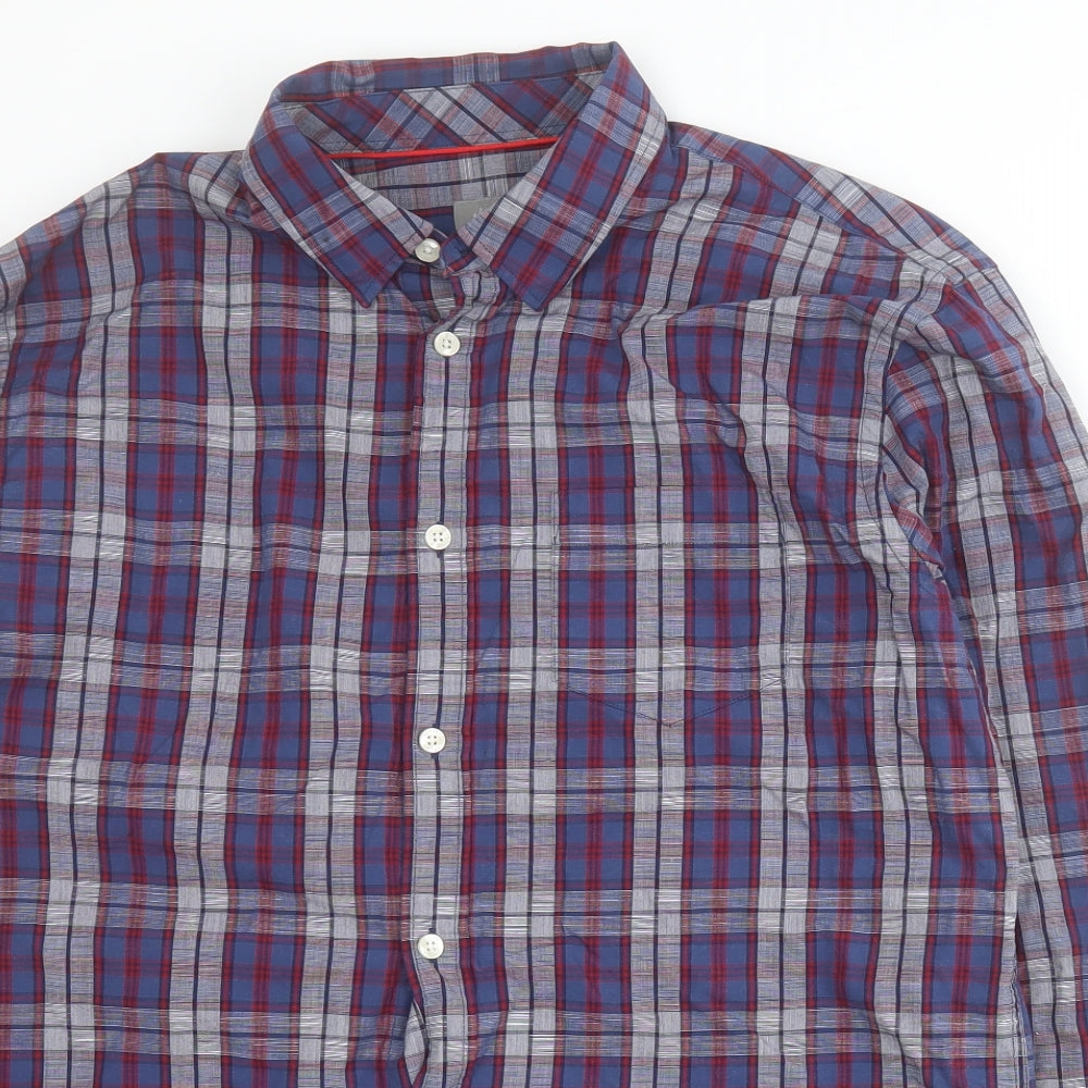 Jaeger Mens Blue Plaid Cotton  Button-Up Size L Collared Button