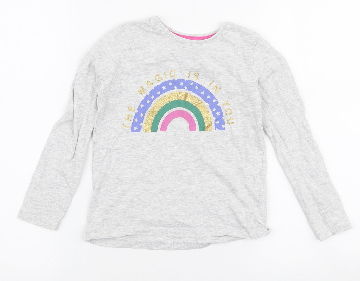 Primark Girls Grey  Cotton Jersey T-Shirt Size 5-6 Years Round Neck Pullover - Rainbow
