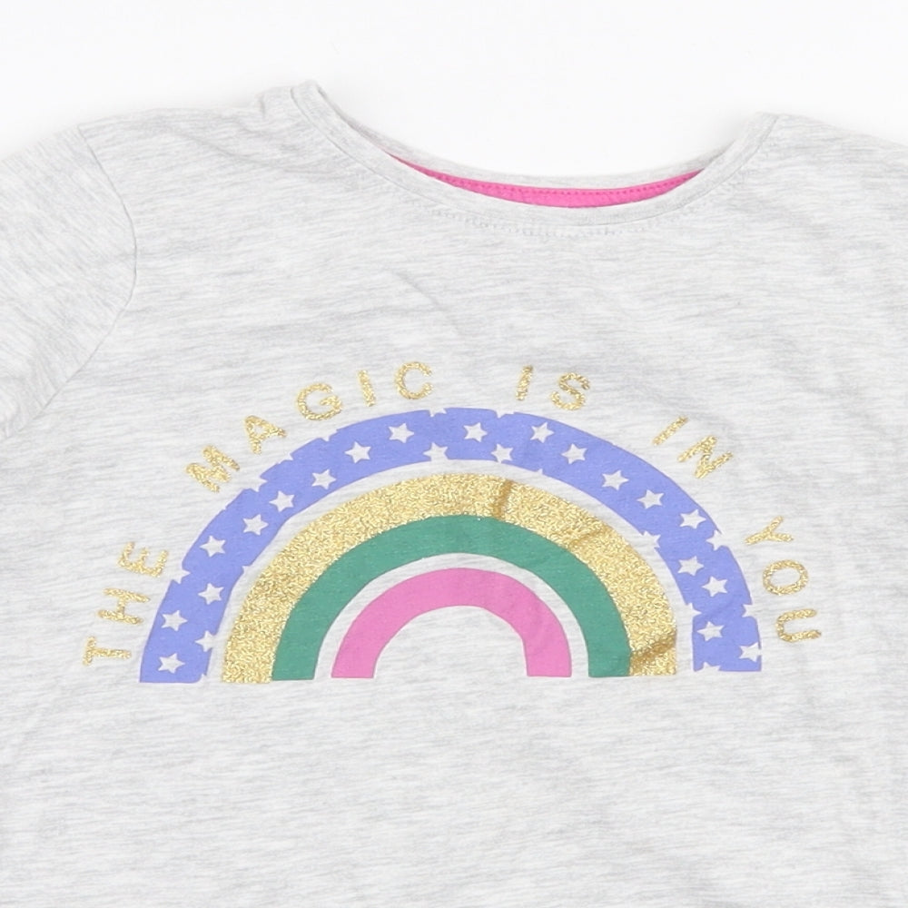 Primark Girls Grey  Cotton Jersey T-Shirt Size 5-6 Years Round Neck Pullover - Rainbow