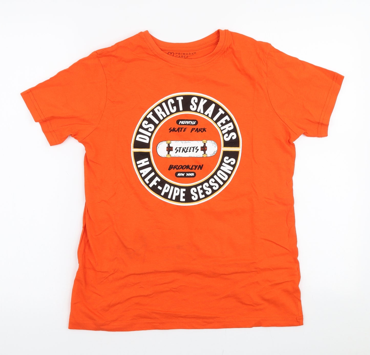 Primark Boys Orange  100% Cotton Jersey T-Shirt Size 11-12 Years Round Neck Pullover - Skater