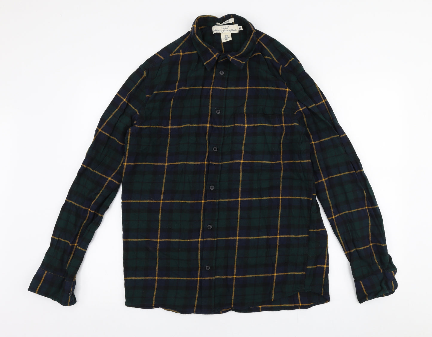 L.O.G.G Mens Green Plaid Cotton  Button-Up Size M Collared Button