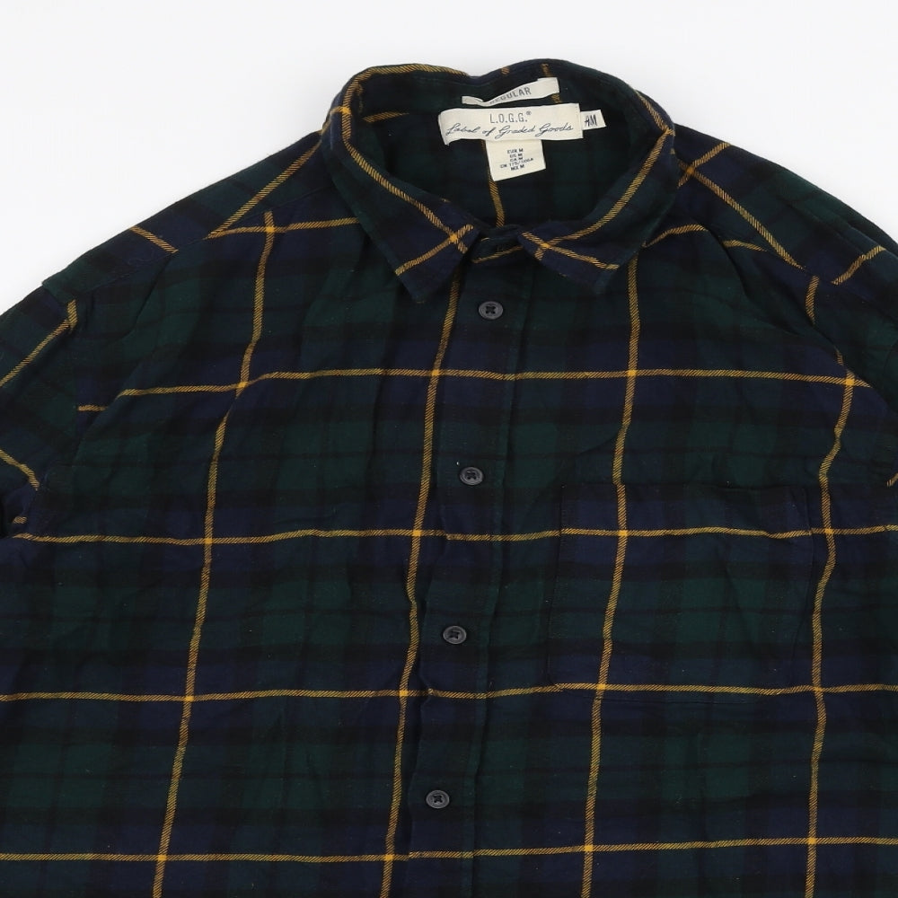 L.O.G.G Mens Green Plaid Cotton  Button-Up Size M Collared Button
