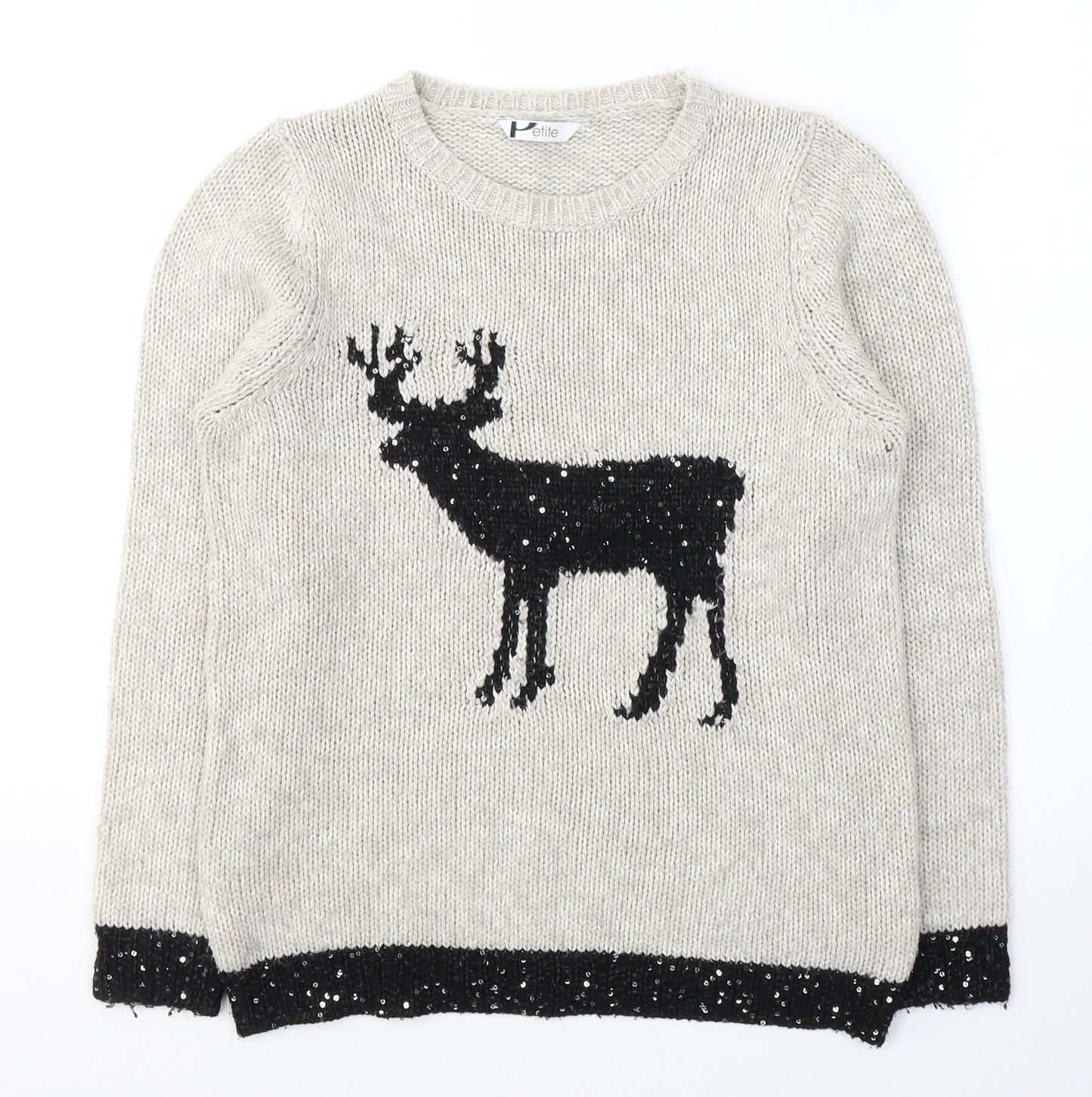 BHS Womens Grey Round Neck  Acrylic Pullover Jumper Size 10   - Reindeer