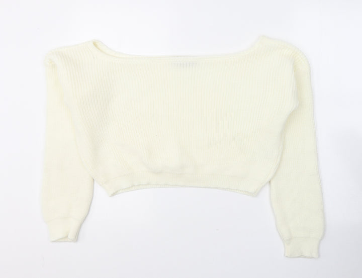 PRETTYLITTLETHING Womens White Boat Neck  Acrylic Pullover Jumper Size S