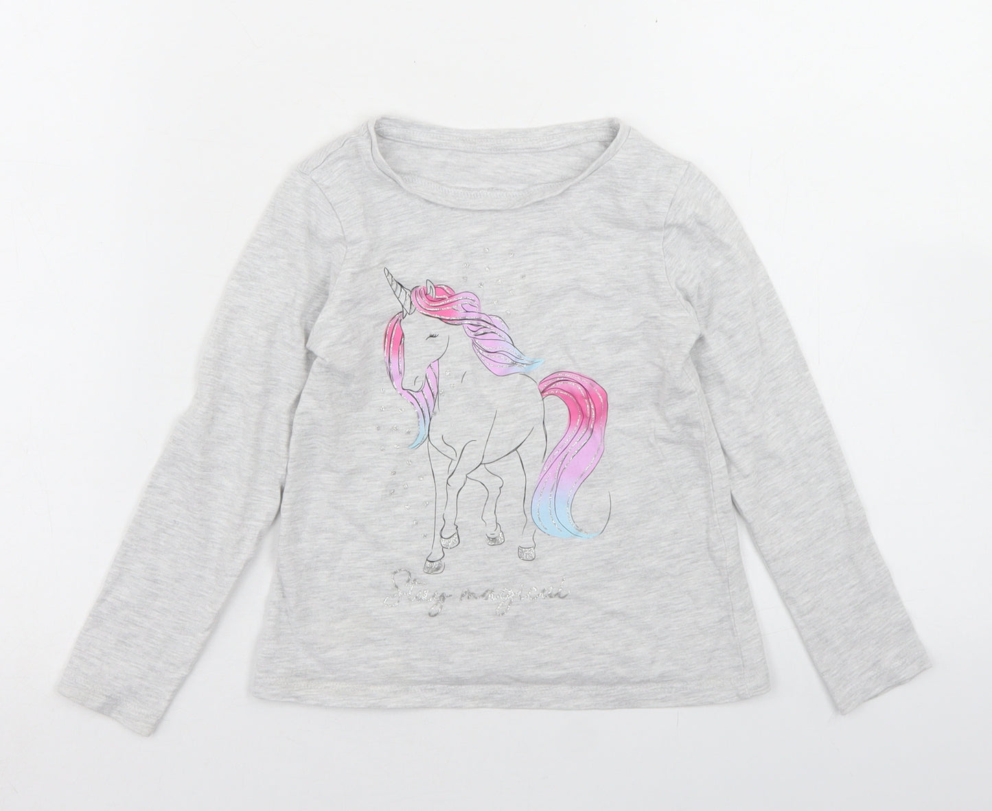 Dunnes Stores Girls Grey  Cotton Basic T-Shirt Size 4-5 Years Crew Neck  - Unicorn