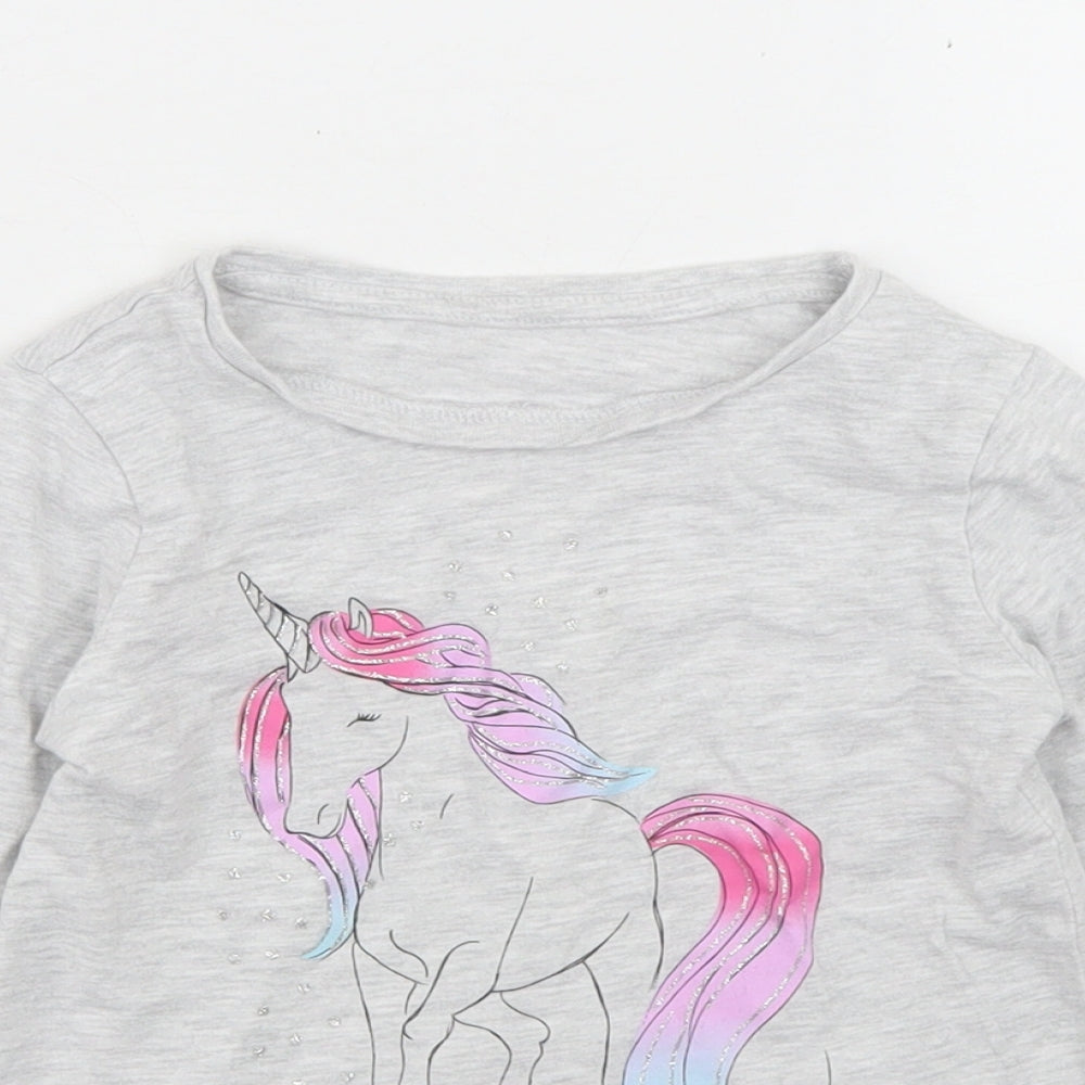 Dunnes Stores Girls Grey  Cotton Basic T-Shirt Size 4-5 Years Crew Neck  - Unicorn