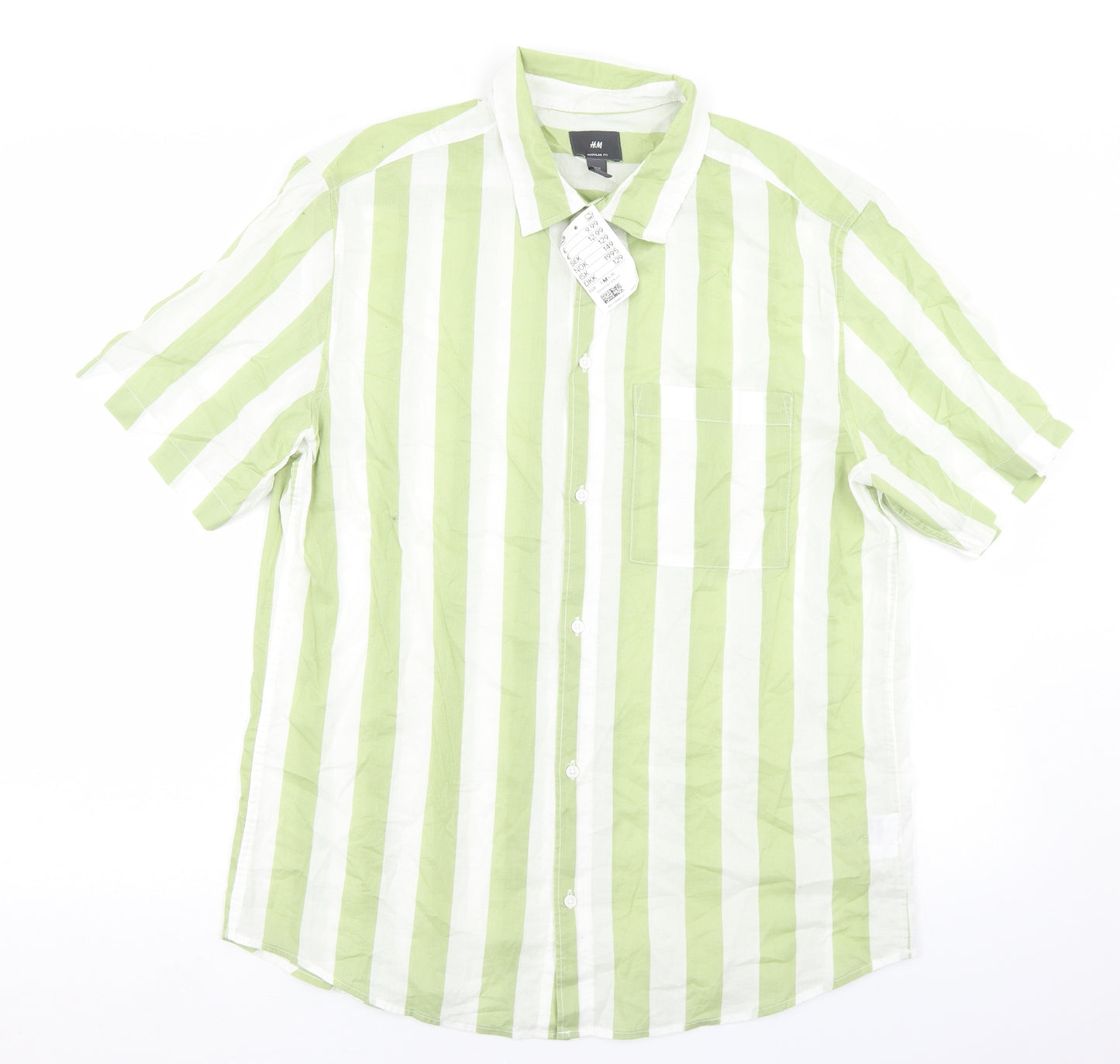 H&M Mens Green Striped Cotton  Button-Up Size M Collared Button