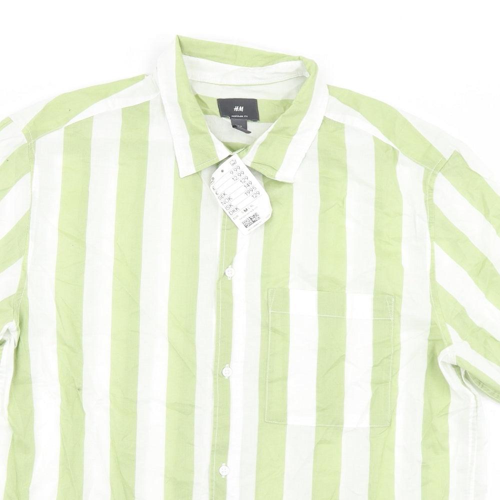 H&M Mens Green Striped Cotton  Button-Up Size M Collared Button