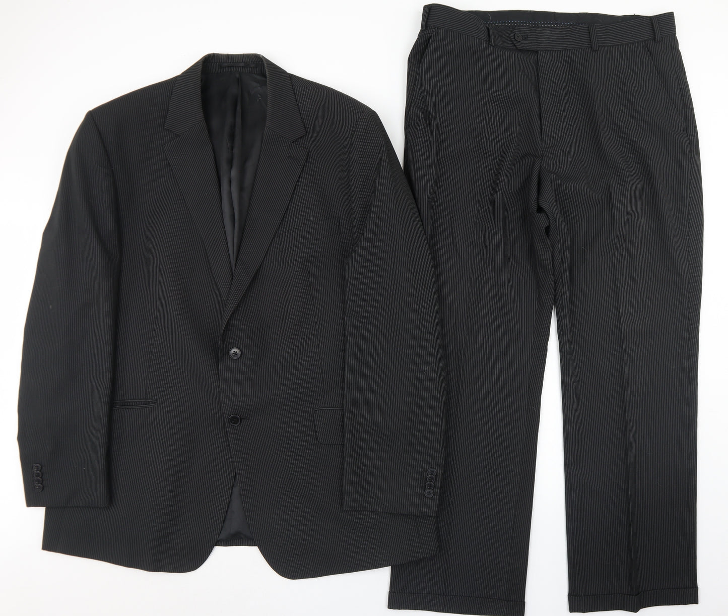 F&F Mens Black Striped Polyester 2 Piece Suit Size 46