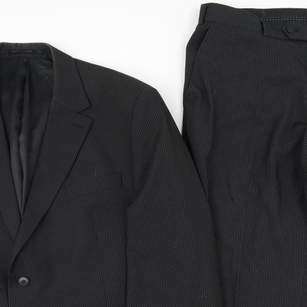 F&F Mens Black Striped Polyester 2 Piece Suit Size 46