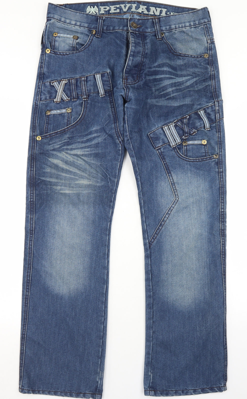 Peviani Mens Blue  Cotton Straight Jeans Size 34 in L31 in Regular Button