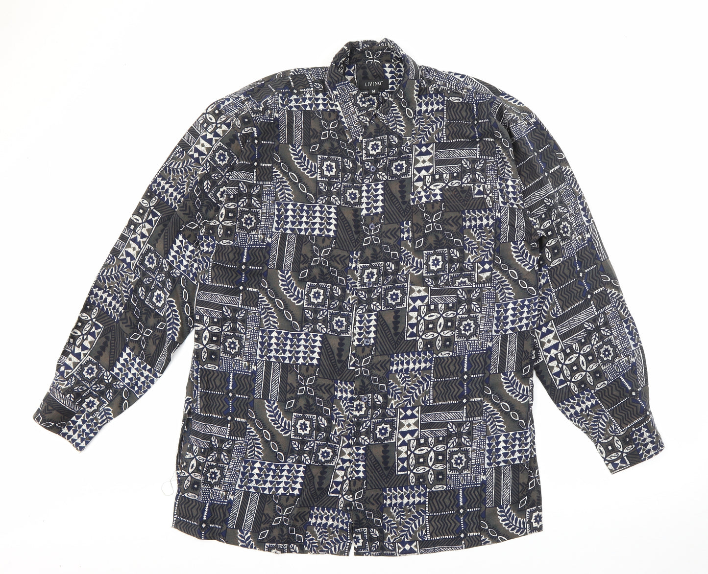 Living Mens Green Floral Polyester  Button-Up Size M Collared Button